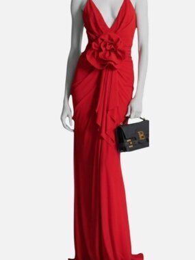 Balmain Paris Women's Red Silk Lined Floral Appliqué Gown Dress Size 40